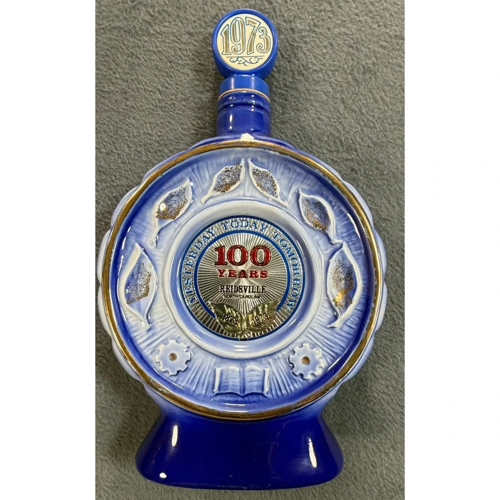 Jim Beam Reidsville NC Centennial Decanter 1873-1973 Blue Gold Vintage Ceramic